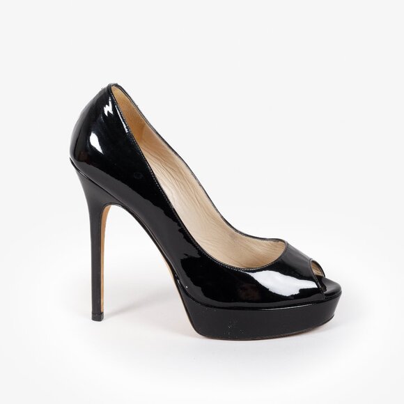 Jimmy Choo Black Patent Leather Peep Toe Platform Pumps - Picture 1 of 9